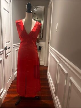ZARA Red Satin V-Neck Dress, size S NWT
